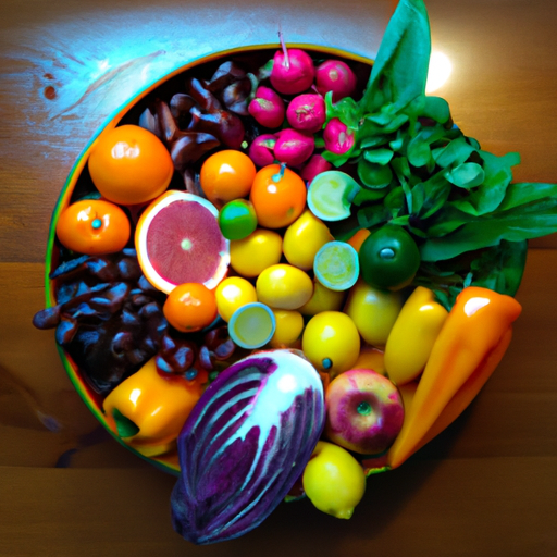 תמונה של קערת פירות וירקות צבעוניים.